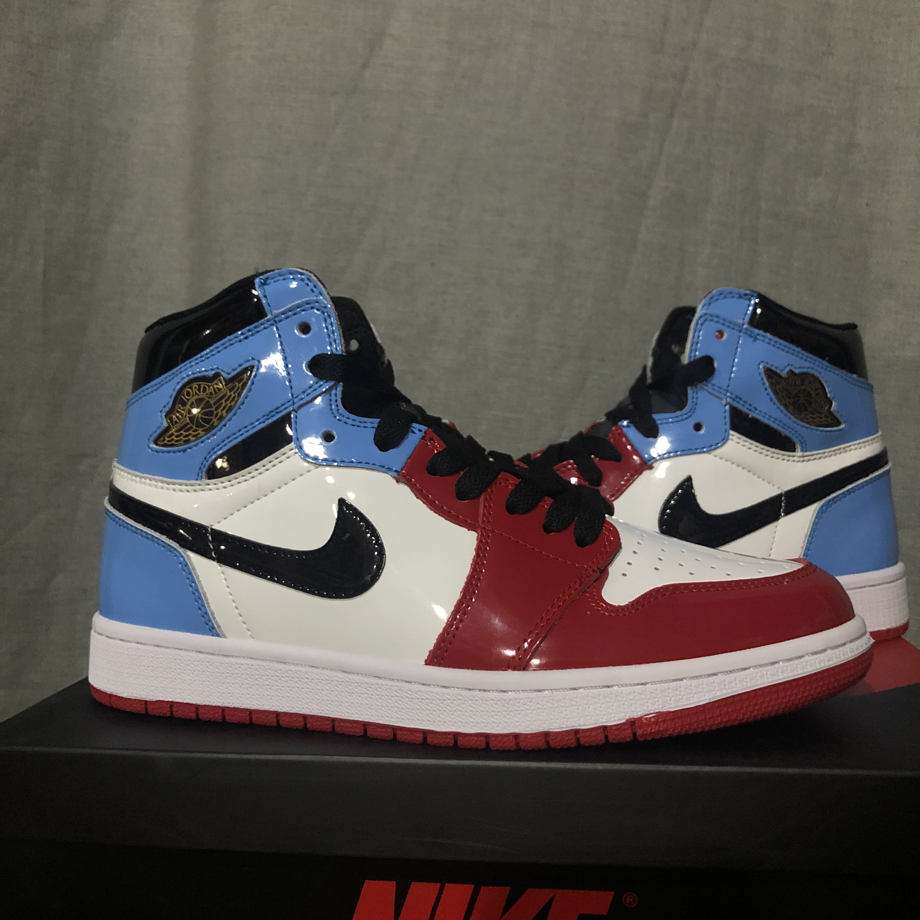 2019 Air Jordan 1 Red Patent Leather Blue Black White Shoes